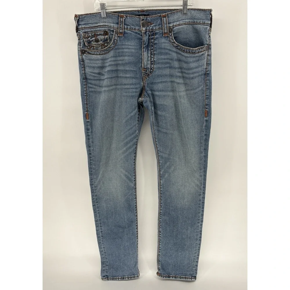 True Religion Rocco Relaxed Skinny Jeans 36X34 Thick Stitch Big T Flap Pocket